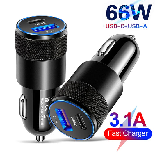 66W Dual Port USB Car Charger | USB-C Fast Charge | 12V Cigarette Lighter Adapter