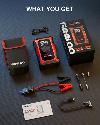 3000A Jump Starter with Air Compressor | 150PSI Tyre Inflator | Power Bank | Petrol & Diesel