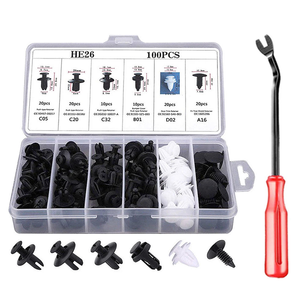 Car Body Panel Retainer Clips | Push Rivet Fastener Kit | Mixed Sizes | With Trim Tools