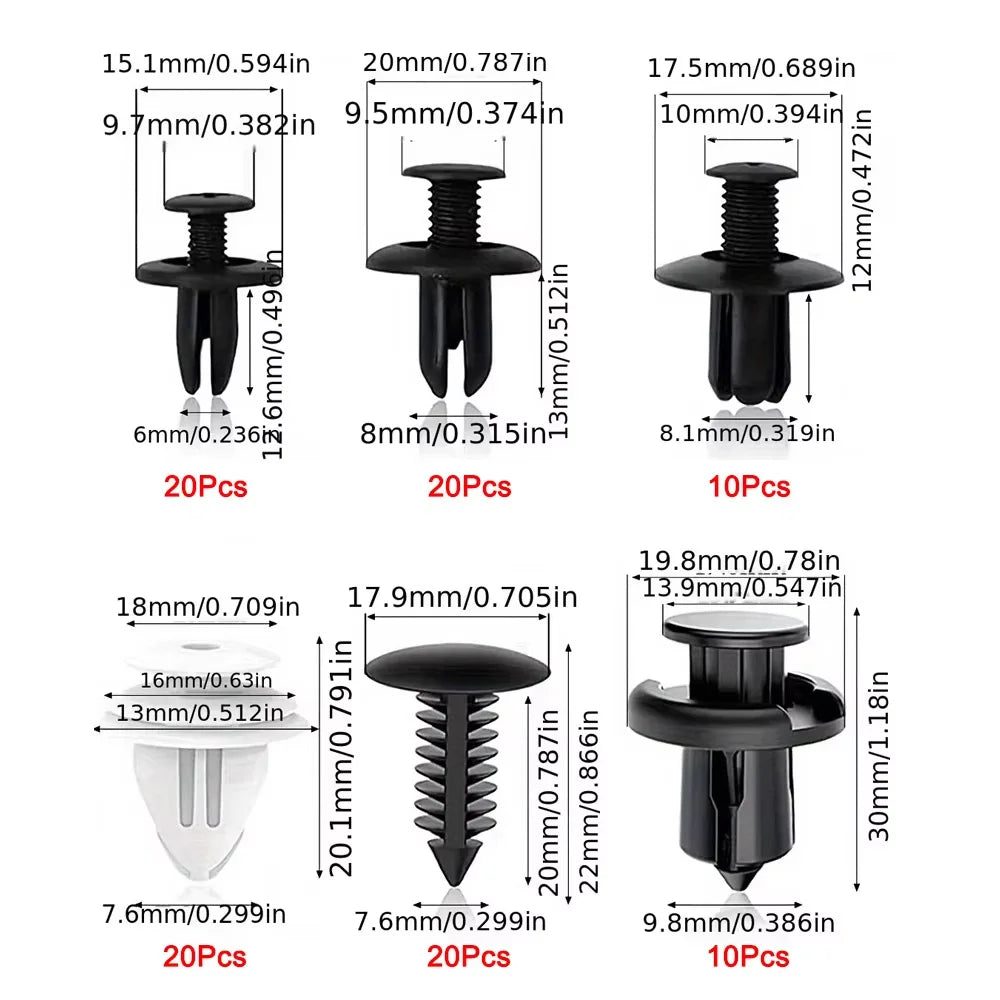 Car Body Panel Retainer Clips | Push Rivet Fastener Kit | Mixed Sizes | With Trim Tools