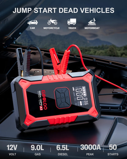 3000A Jump Starter with Air Compressor | 150PSI Tyre Inflator | Power Bank | Petrol & Diesel